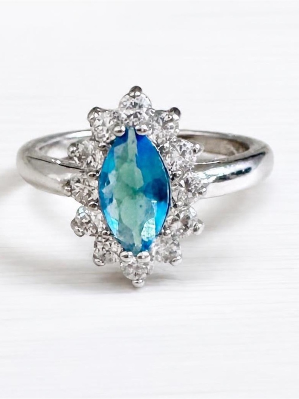 Blue Marquise Halo Ring in Sterling Silver